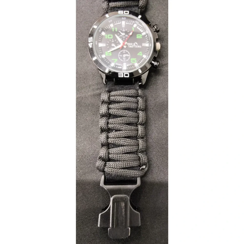 Pro-4 Tactical Survival Watch Paracord Whistle Compass Fire Starter Black #W5143